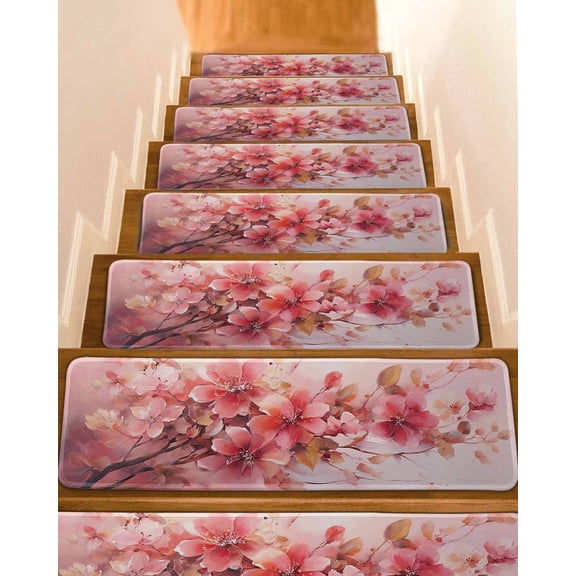 Flower Painted, Abstract Blush Pink Watercolor Stair Treads for Wooden Steps Indoor Runner Rug Carpet, 7 Pieces Peel and Stick Staircase Step Treads Covers Washable Throw Door Mats, 30"x8"