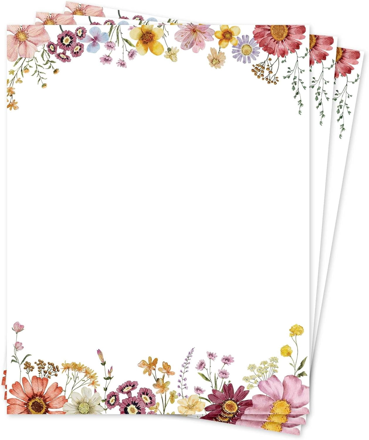 Flower Paper Stationery, Floral Letterhead 8.5 x 11 Inches, 50 Sheets, Elegant Writing Paper, Pretty Stationary Decorative Printer Papr, Spring Wildflower Letter Set