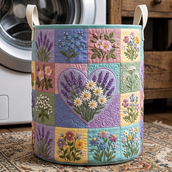Flower Patchwork Quilted Laundry Basket, Collapsible Fabric Hamper for Clothes, Toys and Blankets