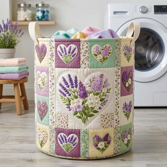 Flower Patchwork Quilted Laundry Basket, Decorative Fabric Hamper with Handles for Modern Home Storage