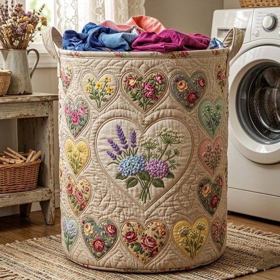 Flower Patchwork Quilted Laundry Basket, Fabric Laundry Hamper and Toy Organizer for Bedroom Storage
