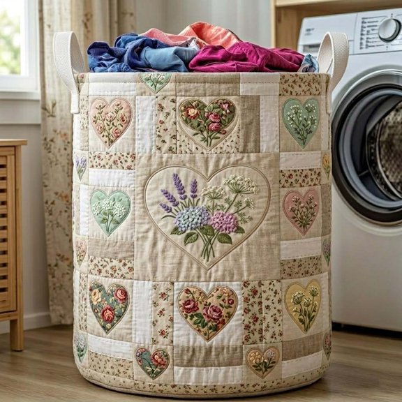 Flower Patchwork Quilted Laundry Basket, Foldable Fabric Clothes Hamper with Handles for Bathroom Storage