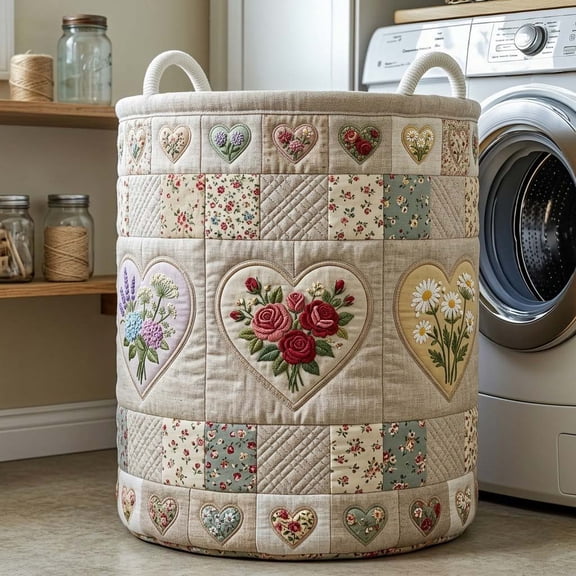Flower Patchwork Quilted Laundry Basket, Large Foldable Clothes Basket with Handles for Dorm and Home