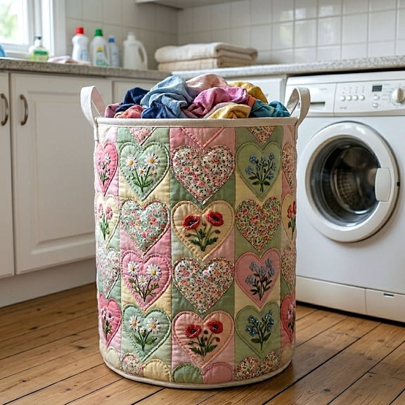 Flower Patchwork Quilted Laundry Basket, Large Home Organizer Basket for Laundry, Toys and Blankets
