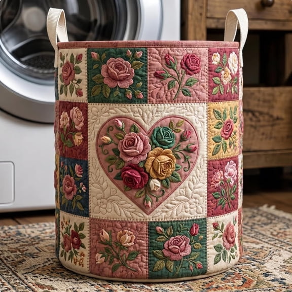 Flower Patchwork Quilted Laundry Basket, Large Quilted Clothes Basket for Nursery, Bedroom and Towels