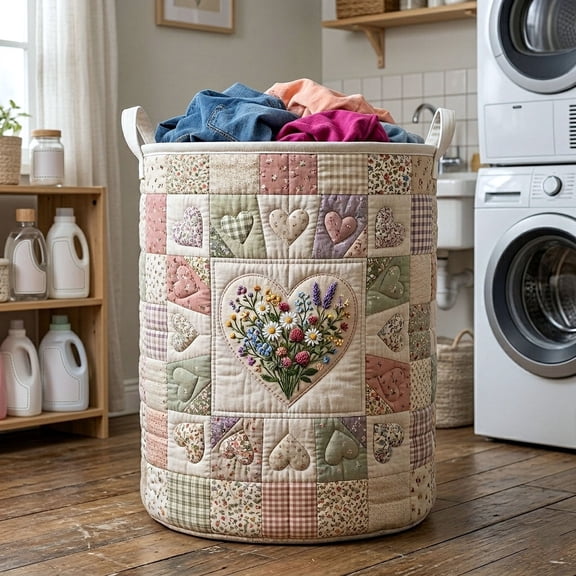 Flower Patchwork Quilted Laundry Basket, Large Storage Basket with Handles for Bedroom and Nursery, Style C