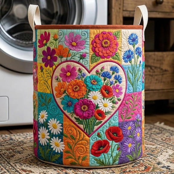 Flower Patchwork Quilted Laundry Basket, Large Storage Basket with Handles for Bedroom and Nursery