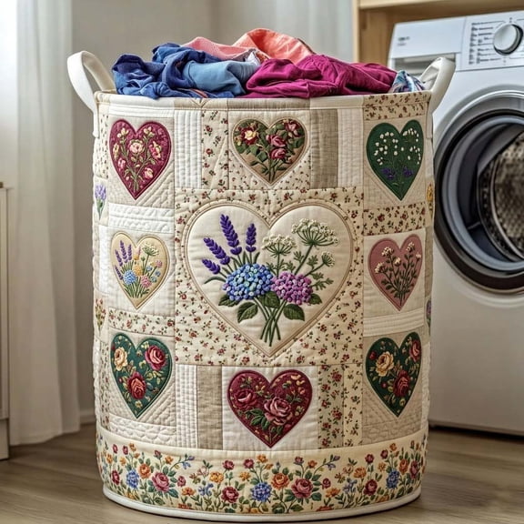 Flower Patchwork Quilted Laundry Basket, Quilted Storage Bin for Blankets, Clothes and Nursery Toys