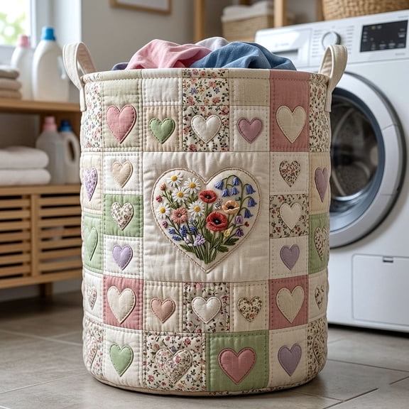 Flower Patchwork Quilted Laundry Basket, Soft Fabric Storage Bin for Bedroom, Bathroom and Dorm Room, Style E