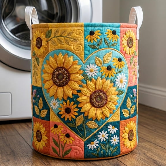 Flower Patchwork Quilted Laundry Basket, Soft Fabric Storage Bin for Bedroom, Bathroom and Dorm Room
