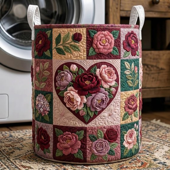 Flower Patchwork Quilted Laundry Basket, with Handles, Foldable Clothes Hamper for Bedroom Storage