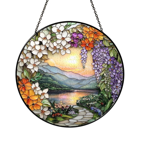 Flower Pathway Stained Glass Suncatcher, Sunset Garden Window Hanging Art, Floral Glass Panel for Home, Nature-Inspired Window Decor, Gift Idea for Garden and Nature Lovers