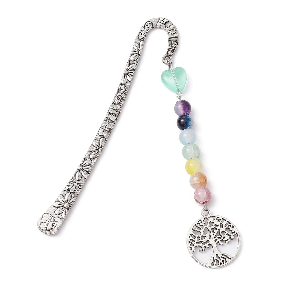 Flower Pattern Alloy Hook Bookmarks Round & Heart Glass Beaded Bookmark with Charm Tree of Life 124mm Pendant: 106x25x8.5mm