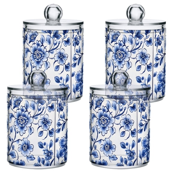 Flower Pattern Bathroom Canisters Set of 4 Translucent Plastic Storage for Cotton Pads and Floss