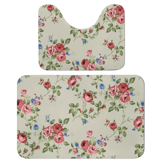 Flower Pattern Bathroom Rugs Set 2 Pieces, Bathroom Set - Quick Drying Bath Mat And U-Shaped Toilet Rug, Water Absorbent Bath Carpet For Bedroom Floor Living Room, Machine Washable
