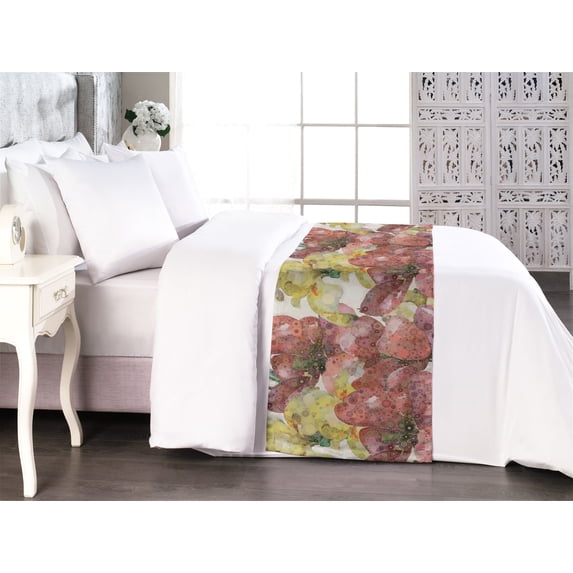 Flower Pattern Bed Runner, Bicolour Iris Floral in Watercolor Design with Circles Spots Print, Decorative Accent Bedding Scarf for Hotels Homes & Guest Rooms, King, Pale Ruby Mustard, by Ambesonne