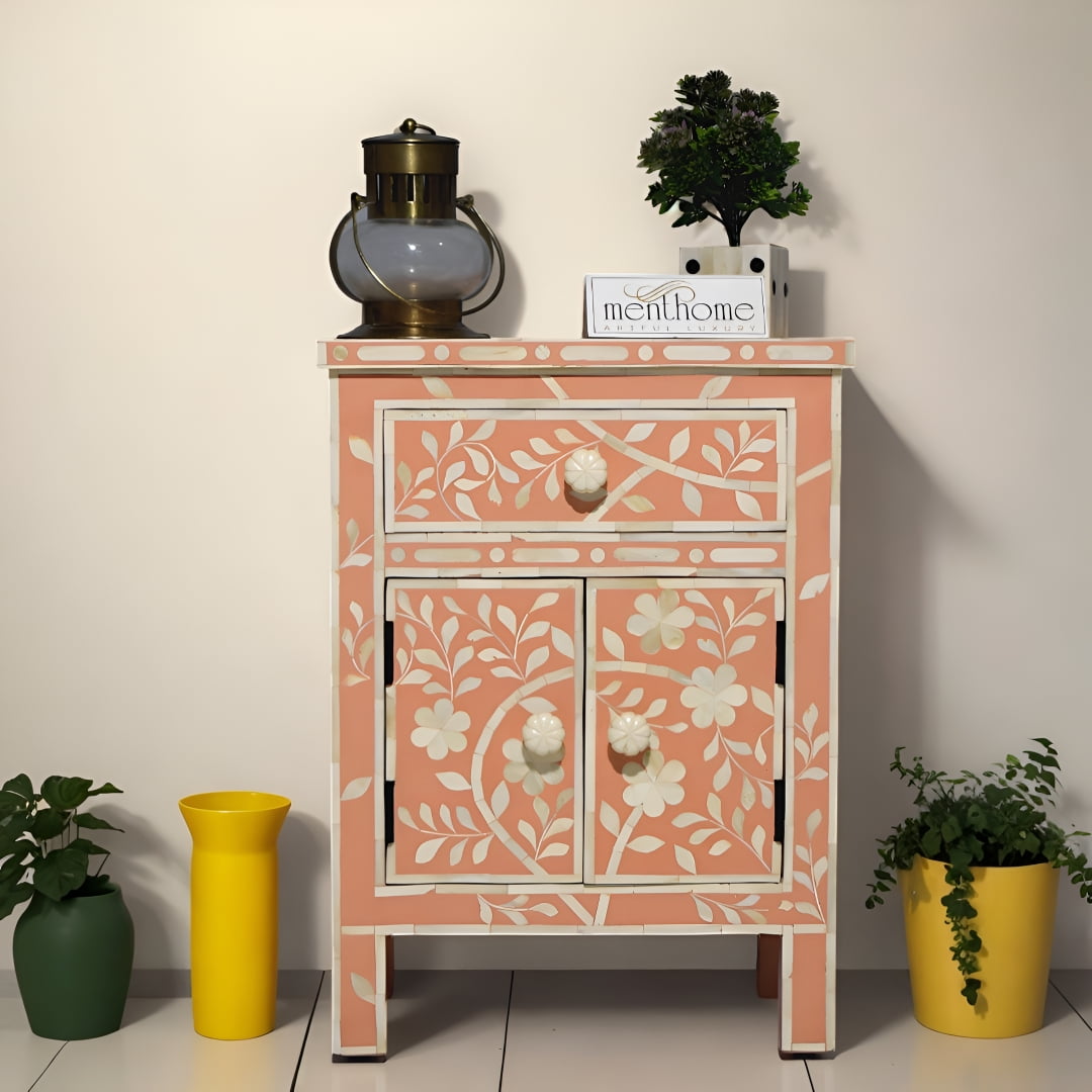 Bedside Table Patterned Flower Pattern Bone Inlay Bedside Table in Orange Color - Walmart.com