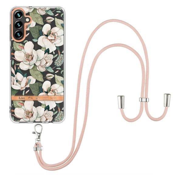 Flower Pattern Case for Samsung Galaxy A14 5G, Detachable Shoulder Strap Lanyard Crossbody Slim Lightweight Floral Cover with Soft Silicone Shockproof Drop Resistant Case,White Flower