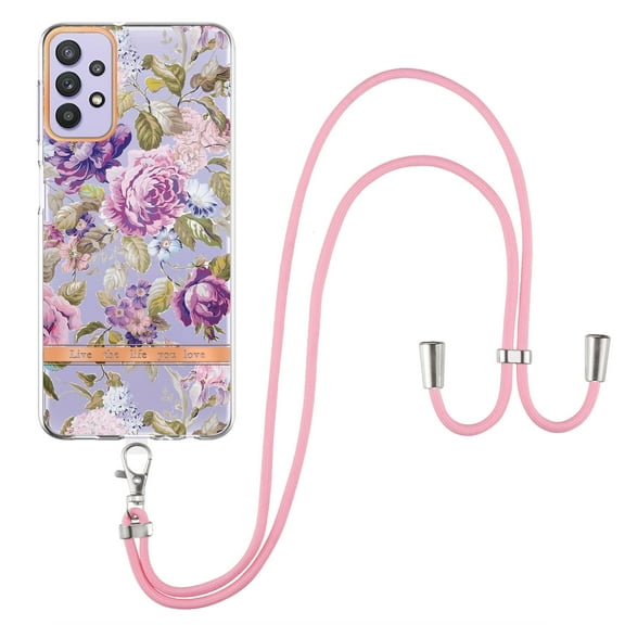 Flower Pattern Case for Samsung Galaxy A23 5G, Detachable Shoulder Strap Lanyard Crossbody Slim Lightweight Floral Cover with Soft Silicone Shockproof Drop Resistant Case,Purple Peony