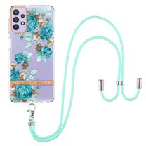 Flower Pattern Case for Samsung Galaxy A32 5G, Detachable Shoulder Strap Lanyard Crossbody Slim Lightweight Floral Cover with Soft Silicone Shockproof Drop Resistant Case,Blue Rose