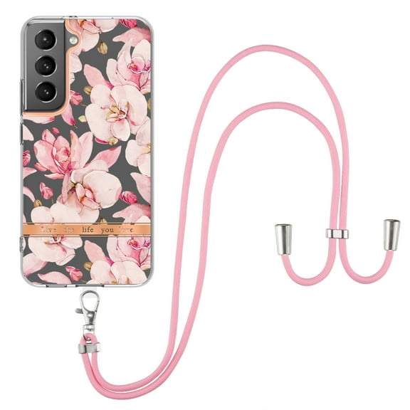 Flower Pattern Case for Samsung Galaxy S22, Detachable Shoulder Strap Lanyard Crossbody Slim Lightweight Floral Cover with Soft Silicone Shockproof Drop Resistant Case,Pink