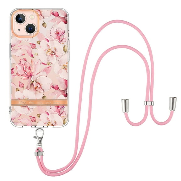 Flower Pattern Case for iPhone 14 Plus, Detachable Shoulder Strap Lanyard Crossbody Slim Lightweight Cover with Soft Silicone Shockproof Drop Resistant Case for iPhone 14 Plus,Pink