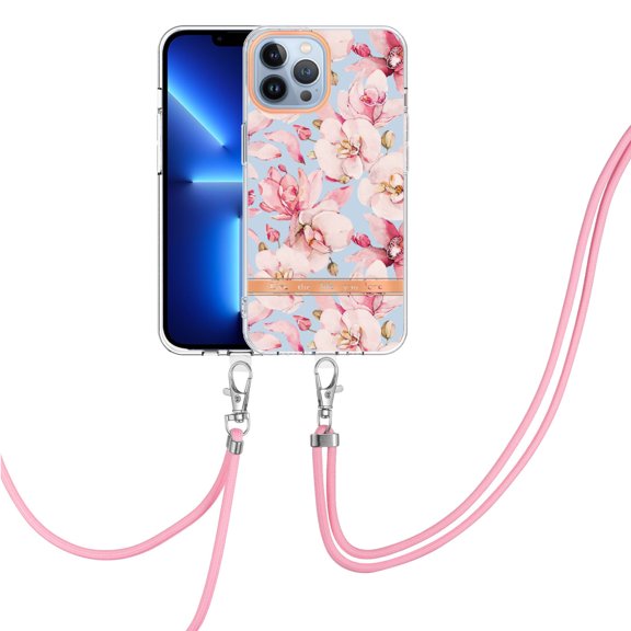 Flower Pattern Case for iPhone 14 Pro Max, Detachable Shoulder Strap Lanyard Crossbody Slim Lightweight Cover with Soft Silicone Shockproof Drop Resistant Case for iPhone 14 Pro Max,Pink