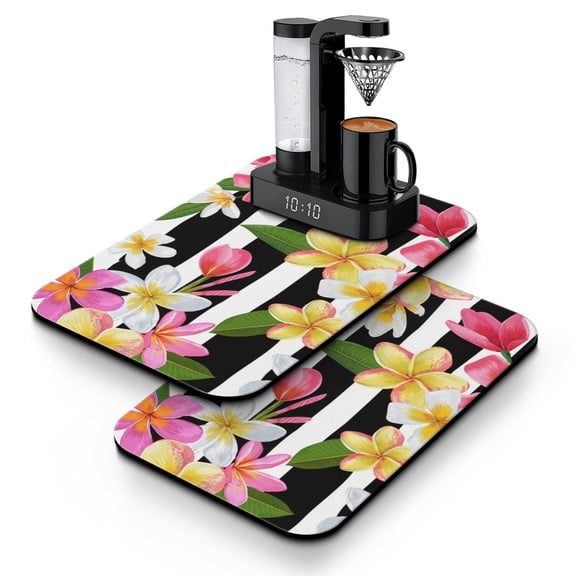Flower Pattern Coffee Bar Mat 2-Pack - Floral Green Aesthetic Absorbent Non-Slip Mat for Espresso Machine, Multi-Purpose Countertop Protector with 4-Layer Waterproof Design