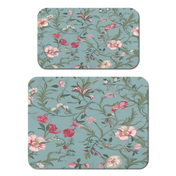 Flower Pattern Coffee Bar Mat 2-Pack - Floral Green Aesthetic Absorbent Non-Slip Mat for Espresso Machine, Multi-Purpose Countertop Protector with 4-Layer Waterproof Design