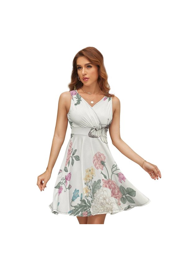 Flower Pattern Colorful Elegant Women's Tank Dress V Neck Sleeveless Summer Sundress