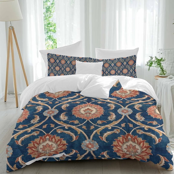 Flower Pattern Comforter Set Full Size, Vintage Orange Classic Floral Country Navy Blue Soft Bedding Set for Man Woman, 4 Pieces Duvet Cover Set with Fitted Sheet, 2 Pillowcases