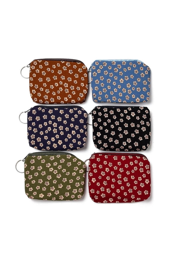Flower Pattern Cotton Cloth Wallets Change Purse with Zipper & Iron Key Ring Mixed Color 8.6~8.9x11~11.2x1.1~1.2cm
