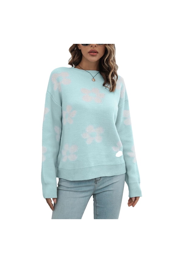 Flower Pattern Dropped Shoulder Sweater Round Neck Casual Loose Fit Long Sleeve Sweater for Women Light Blue M
