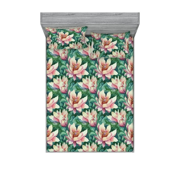 Flower Pattern Fitted Sheet & Pillow Sham Set, Watercolor Painting Style Nature Composition with Lotus Blossoms, Decorative Printed 3 Piece Bedding Decor, Queen, Jade Green Pastel Pink, by Ambesonne
