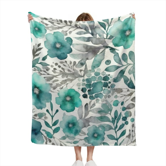 Flower Pattern Floral Print Aqua Turquoise Teal Blue and Silver Grey Watercolor Lightweight 50x60 Throw Blanket for Sofas, Home Decor, Travel, Lounging