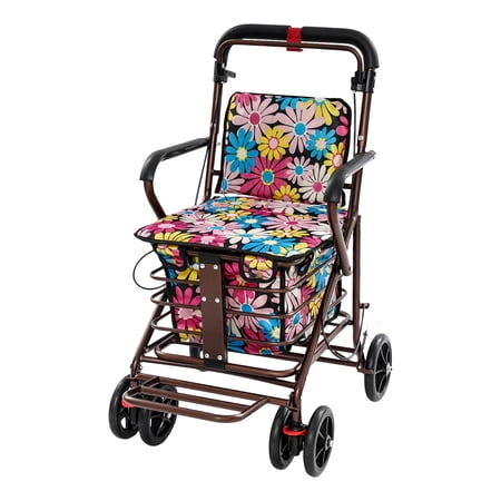 Flower Pattern Heavy Duty Foldable Shopping Cart with Seat for Seniors, Walking Travel Trolley with Double Brake & Footrest, Max Load 220.46 Lbs