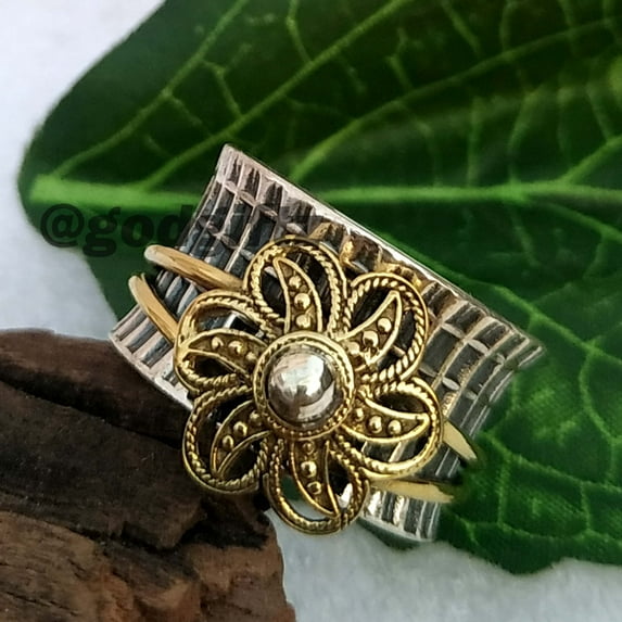 Flower Pattern Meditation Ring | Sterling Silver Worry Ring | Unique Handmade Jewelry for Her