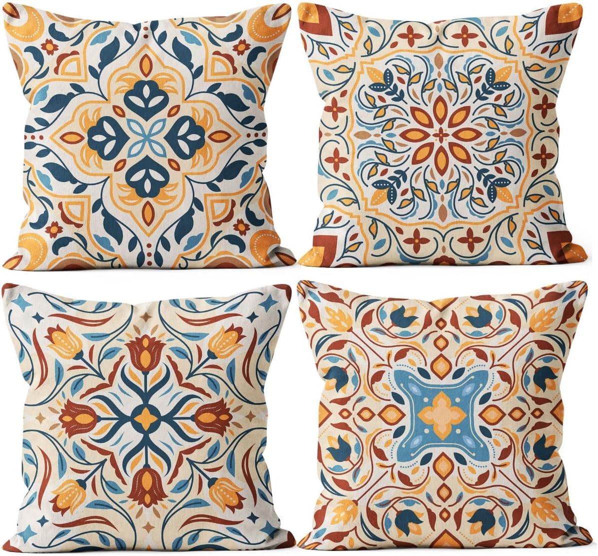 Flower Pattern Navy Blue Throw Pillow Covers, Blue Accents Pillow Decor, Blue Accents Theme Room Decor, Pillow Cases for Sofa Bed Couch, 18 x 18 Inch Set of 4, Modern Theme Room Decor (Orange)