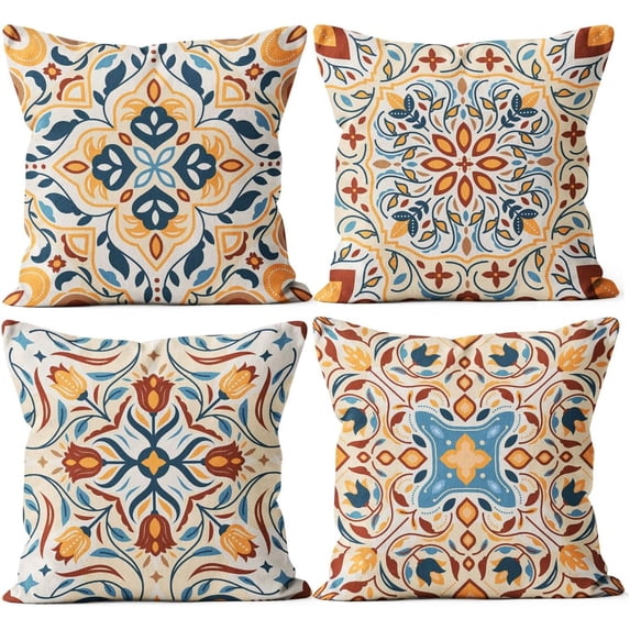 Flower Pattern Navy Blue Throw Pillow Covers, Blue Accents Pillow Decor, Blue Accents Theme Room Decor, Pillow Cases for Sofa Bed Couch, 18 x 18 Inch Set of 4, Modern Theme Room Decor (Orange)