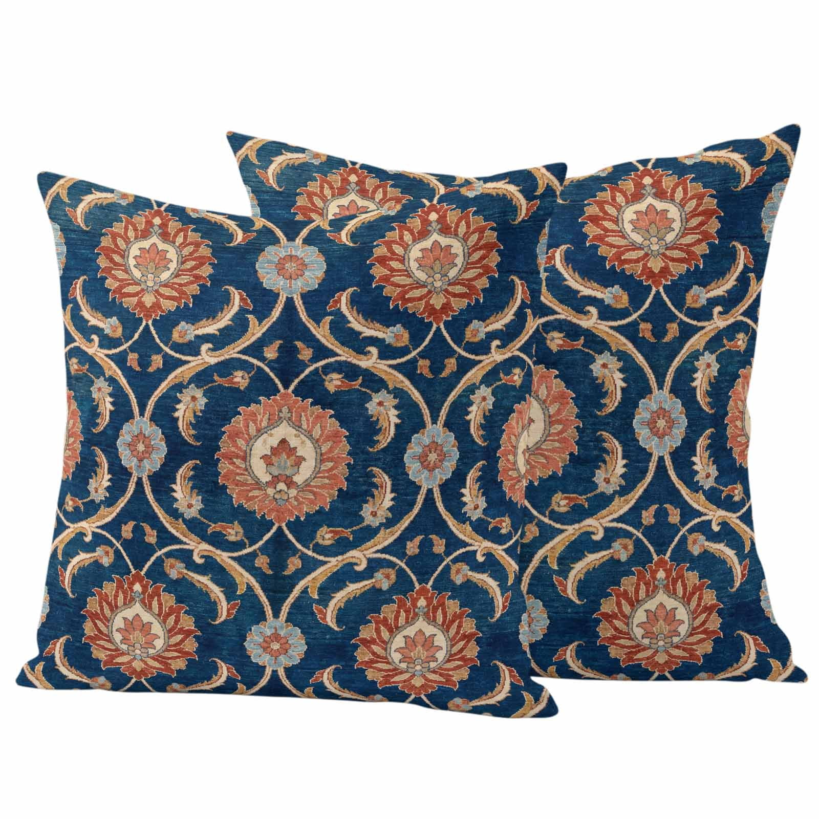 Flower Pattern Outdoor Pillow Covers Set of 2 Vintage Orange Classic Floral Country Navy Blue Waterproof Throw Pillow Cover Decorative Cushion Cases for Patio Porch Garden 18X18 Inch