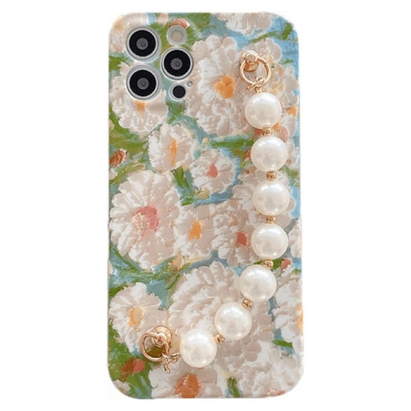 Flower Pattern Phone Case Compatible with iphone 13 pro Max with Pearl Chain Phone Case