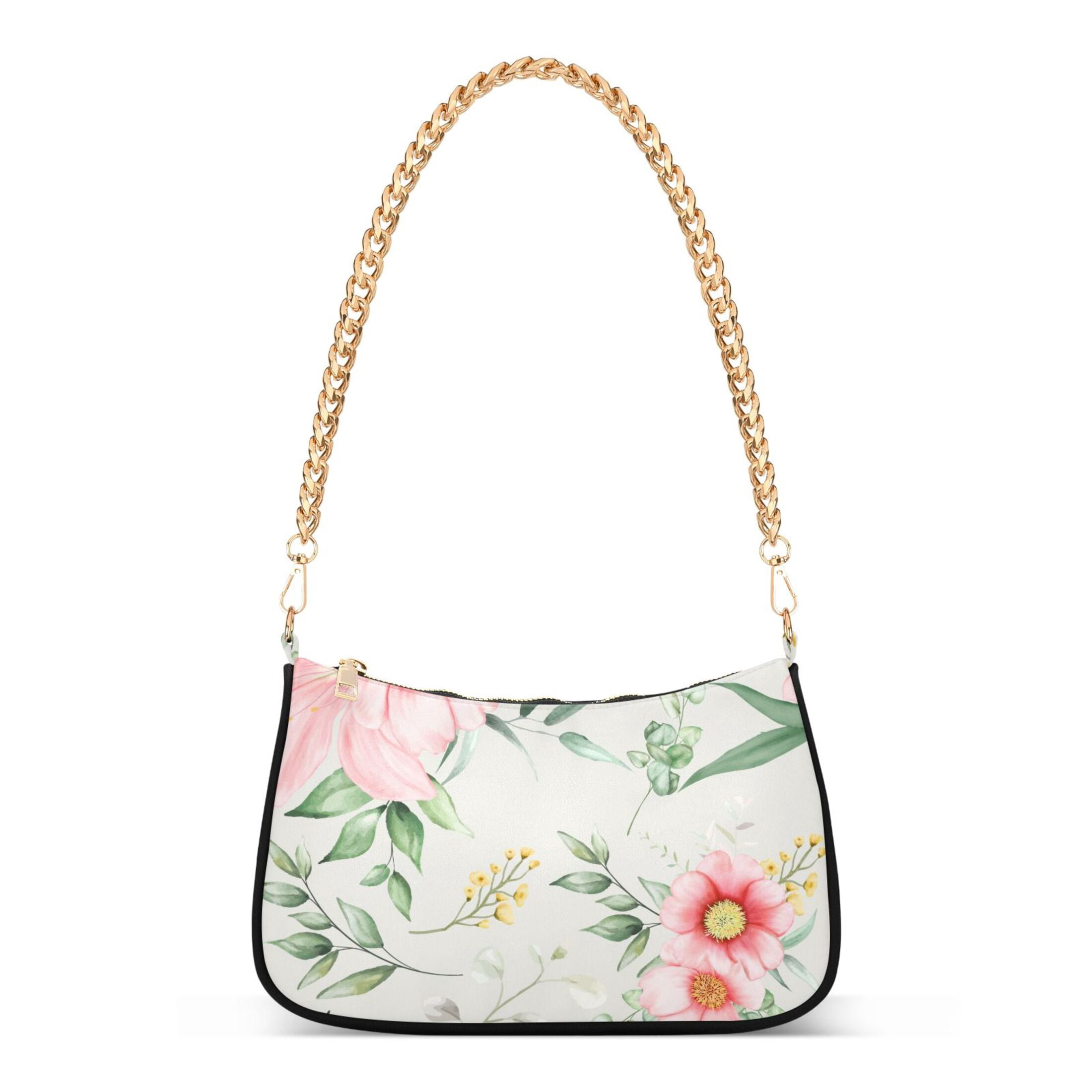 Flower Pattern Print Womens Chain Shoulder Bag Tote Handbag Clutch Hobo Purse with Zipper for Travel Casual