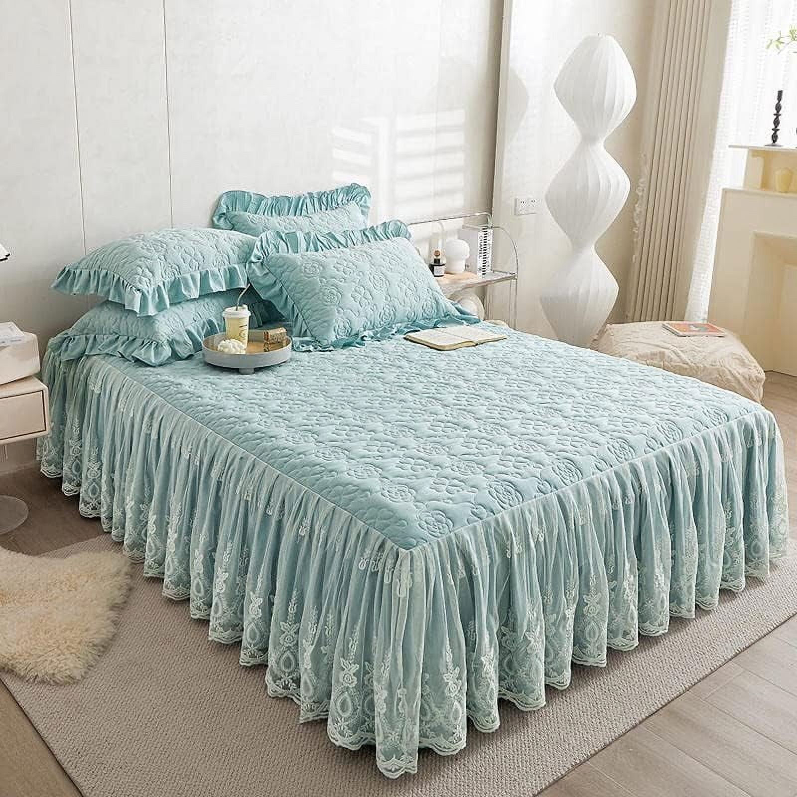 Flower Pattern Quilted Brocade Cotton Bedspread with Lace Ruffled Bed Skirt, Queen Size, Light Turquoise