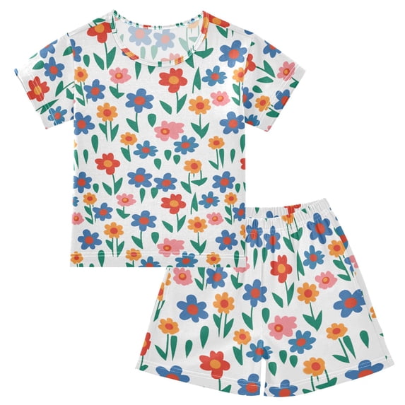Flower Pattern Summer Pajama Set Soft Cotton Short Sleeve Sleepwear 2PCS Pajama Sets Breathable Lounge Set Size 8Y