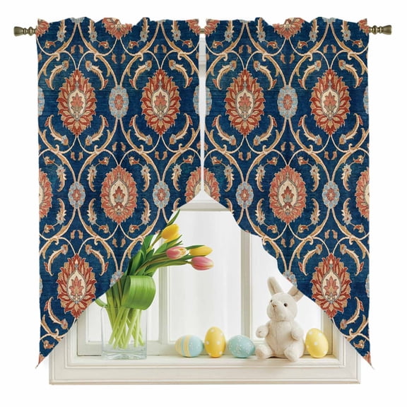 Flower Pattern Swag Kitchen Curtain Valances, Vintage Orange Classic Floral Country Navy Blue Rod Pocket Curtains Window Treatment Decor Valances for Bedroom Bathroom, 2 Panels 36 x 36 Inch