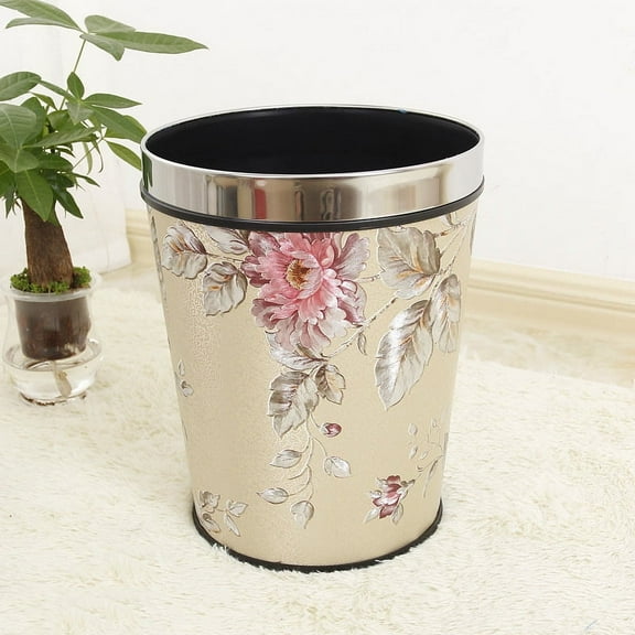 Flower Pattern Trash Can Wastebasket, Round Garbage Container Bin for Bathrooms, Powder Rooms, Kitchens, Home Offices, 6.69x10.24x8.27"