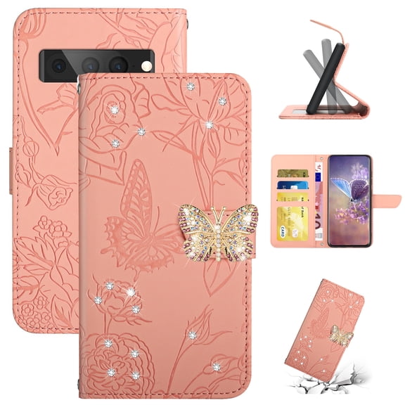 Flower Pattern Wallet Case for Google Pixel 8 Pro with Wrist Hand Strap Crossbody Lanyard, Sparkle Rhinestone Butterfly PU Leather Cover with Card Slots & Kickstand & Magnetic Clasp, Pink