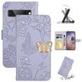 thumbnail image 1 of Flower Pattern Wallet Case for Google Pixel 8 Pro with Wrist Hand Strap Crossbody Lanyard, Sparkle Rhinestone Butterfly PU Leather Cover with Card Slots & Kickstand & Magnetic Clasp, Lightpurple, 1 of 13