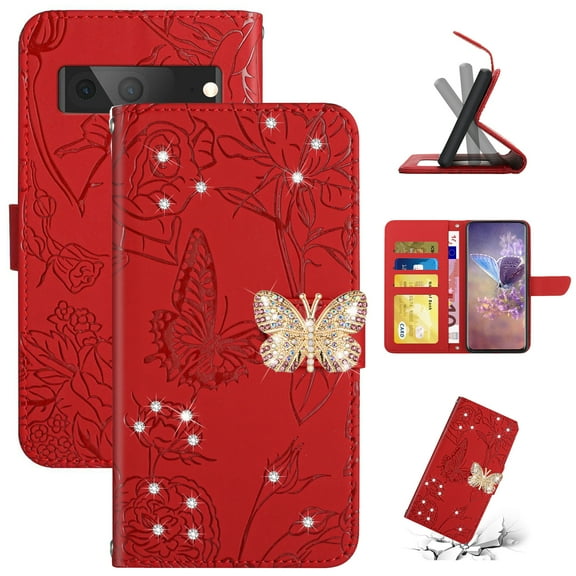 Flower Pattern Wallet Case for Google Pixel 8 with Wrist Hand Strap Crossbody Lanyard, Sparkle Rhinestone Butterfly PU Leather Cover with Card Slots & Kickstand & Magnetic Clasp, Red