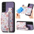 thumbnail image 1 of Flower Pattern Zipper Wallet Case for Samsung Galaxy S22 Plus with Card Slots & Kickstand & RFID Blocking, Slim PU Leather Flip Case for Women Girls, Shockproof Magnetic Car Mount Cover, Purple, 1 of 9